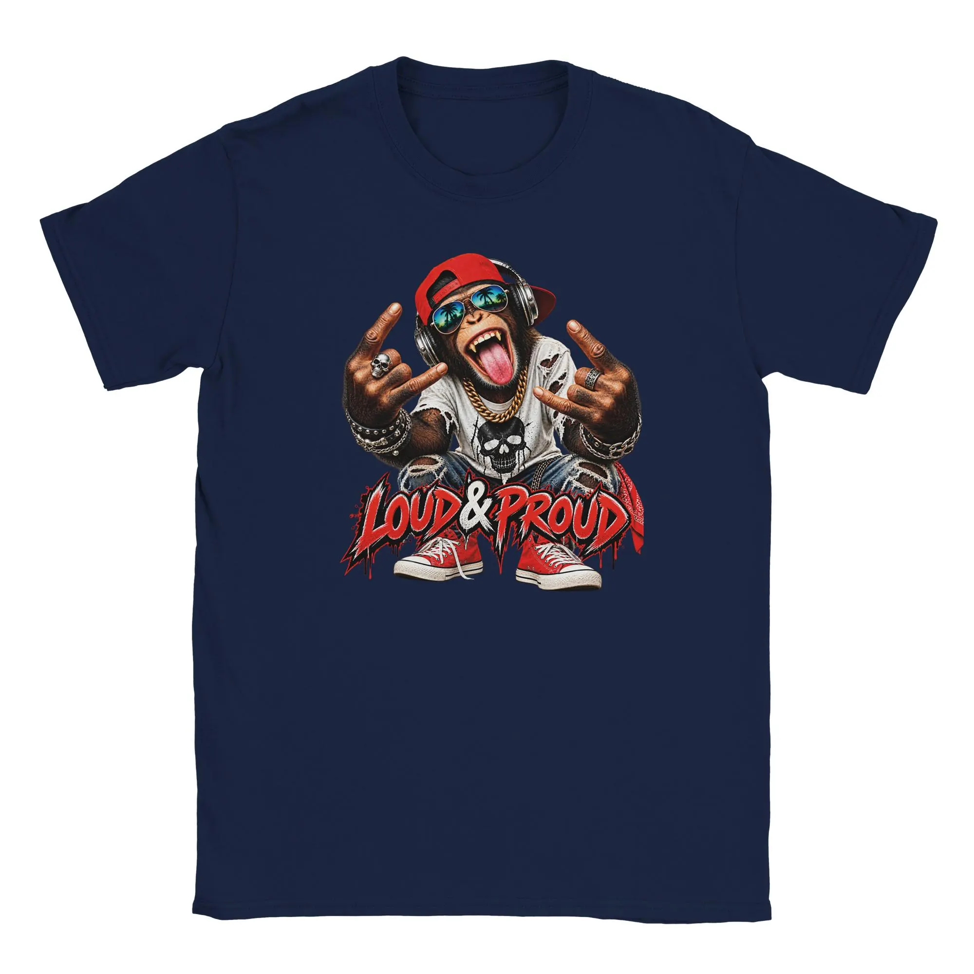 Affen T-Shirt mit Goldkette Sneakern und Totenkopfdetails