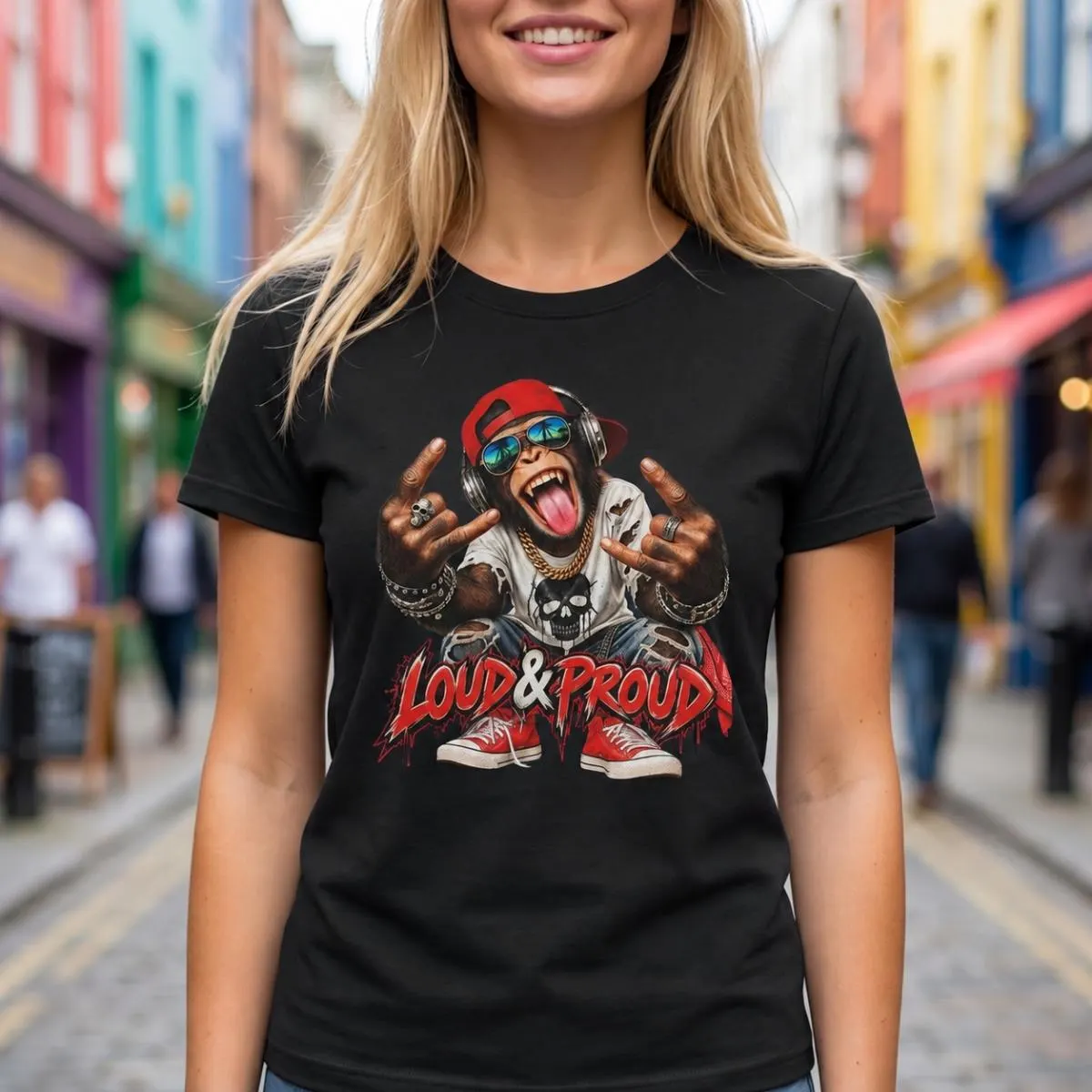 Affen T-Shirt mit Loud & Proud Schriftzug und Kopfhörern