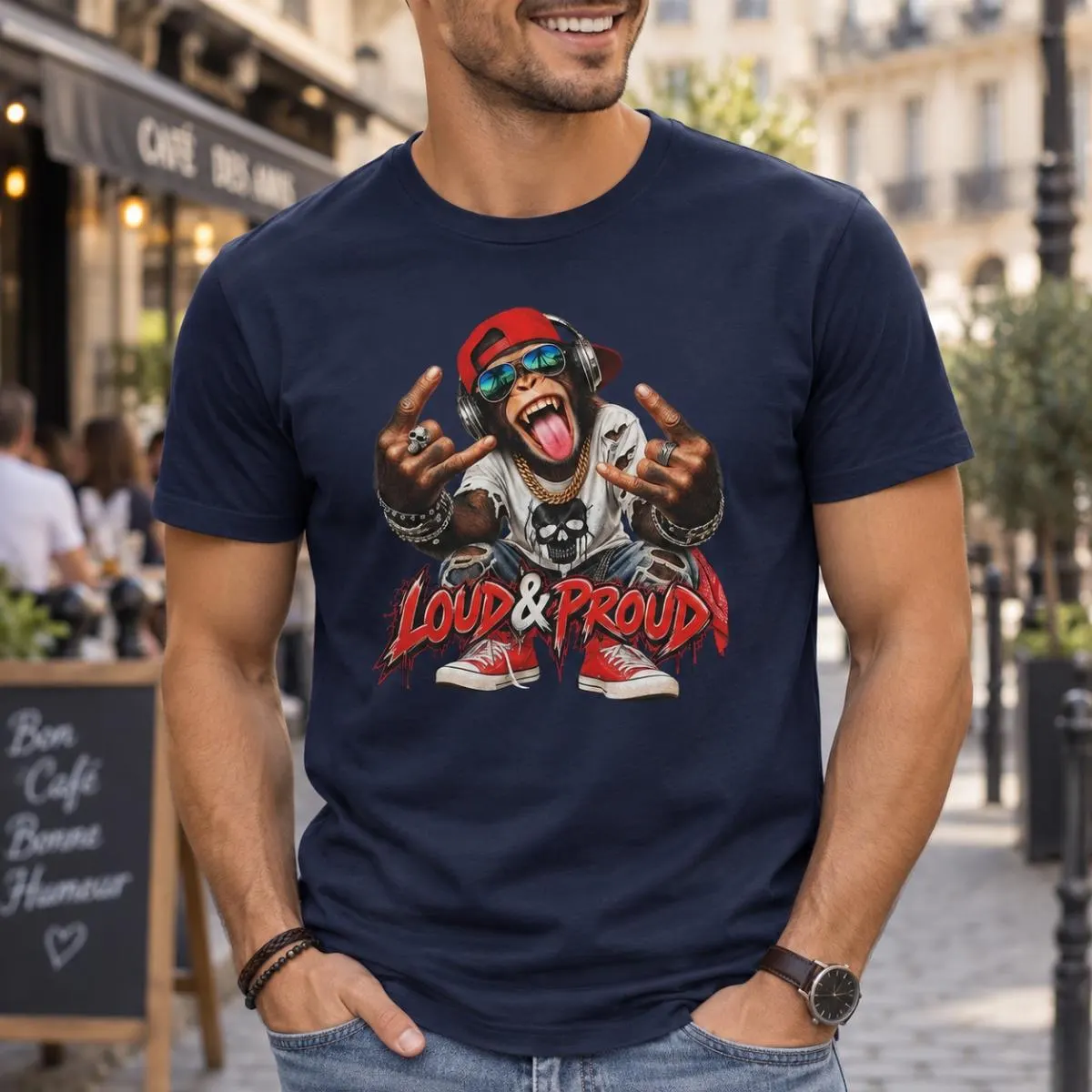 Streetwear Affen T-Shirt mit Sonnenbrille und roter Cap