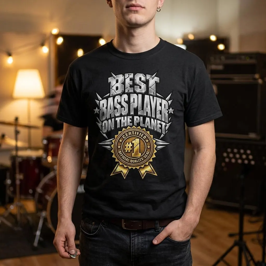 Bassist T-Shirt mit Best Bass Player on the Planet Schriftzug und Certified #1 Siegel
