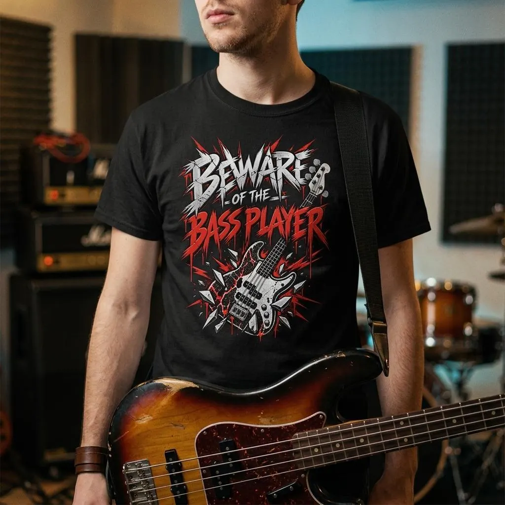 Bassist T-Shirt mit Beware of the Bass Player Schriftzug und E-Bass Motiv