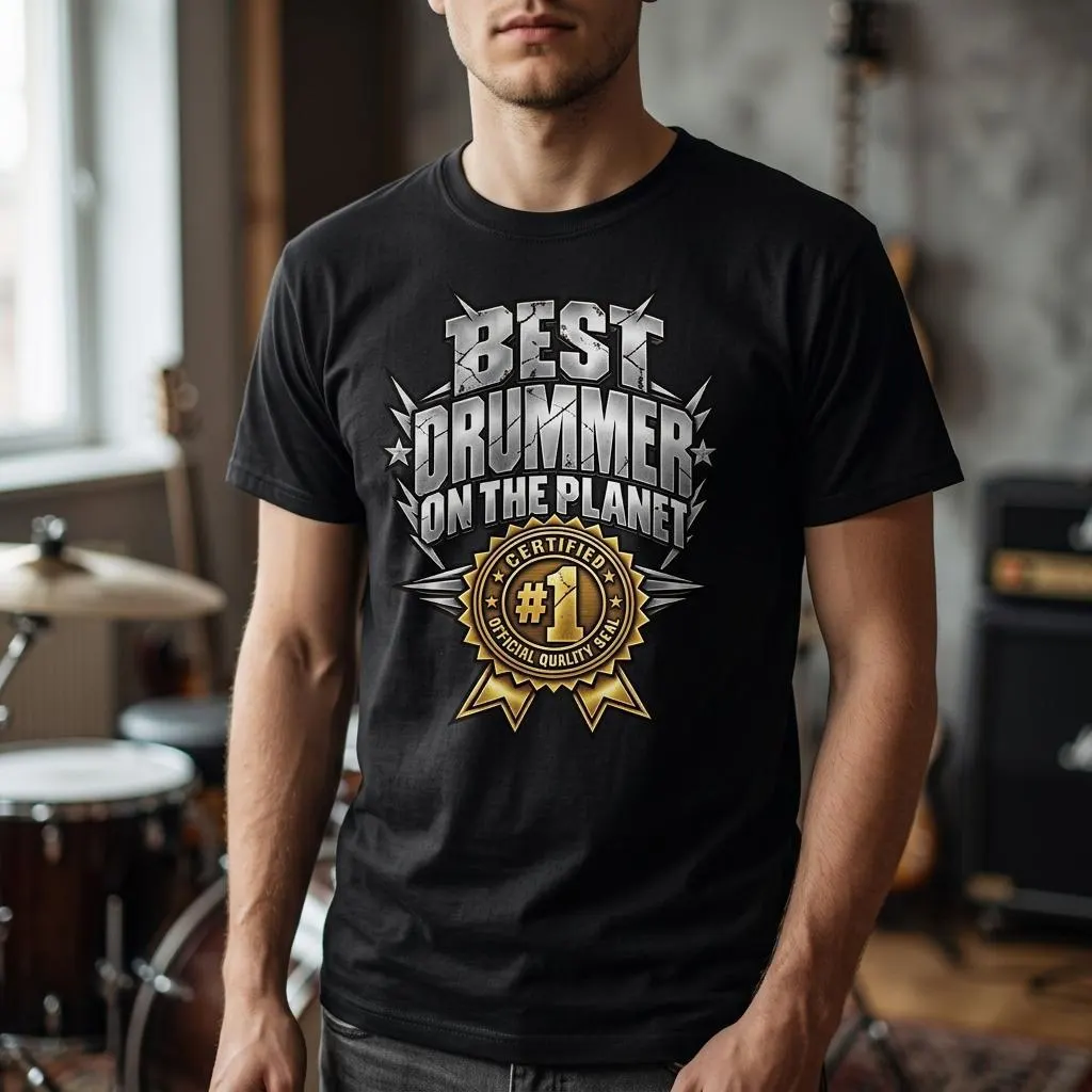 Drummer T-Shirt mit Best Drummer on the Planet Schriftzug und Certified #1 Quality Seal