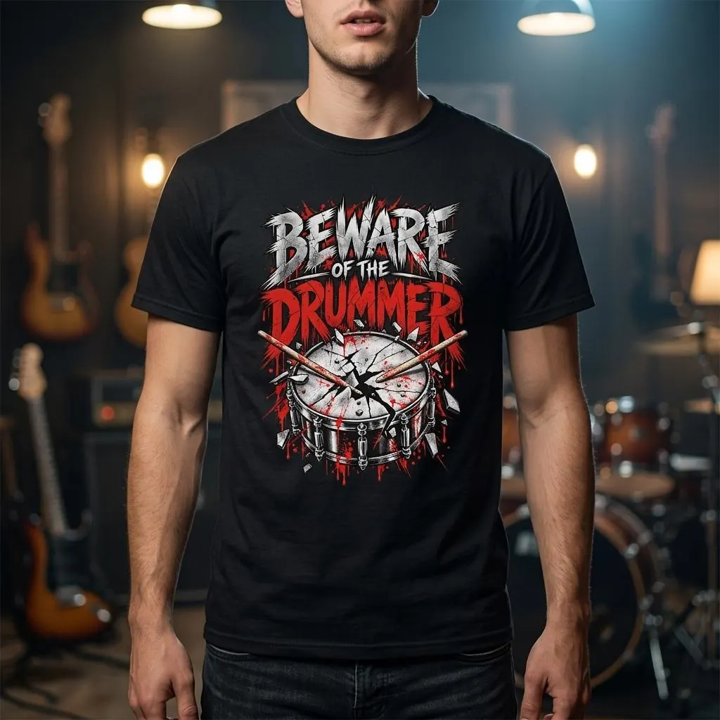 Drummer T-Shirt mit Beware of the Drummer Schriftzug und Snare Drum