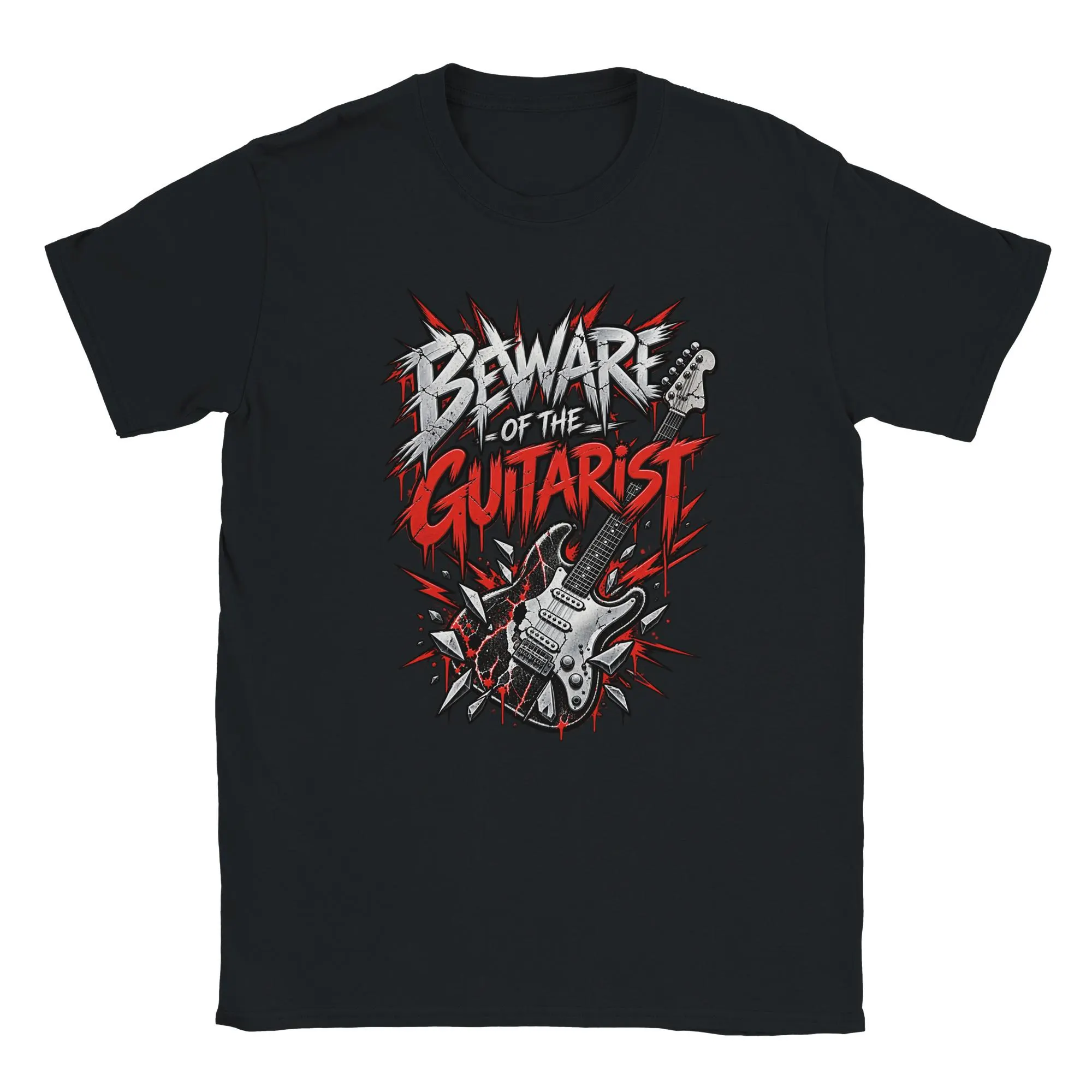 Gitarren T-Shirt im Rock Design mit roter Metallschrift und E-Gitarre