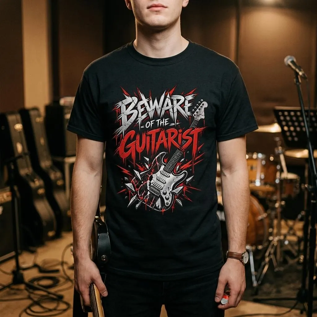 Gitarrist T-Shirt mit dem Spruch BEWARE OF THE GUITARIST und E-Gitarre