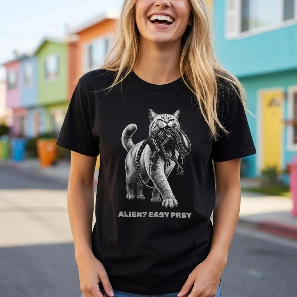 Katzen T-Shirt mit dem Spruch Alien Easy Prey und Weltraumthema