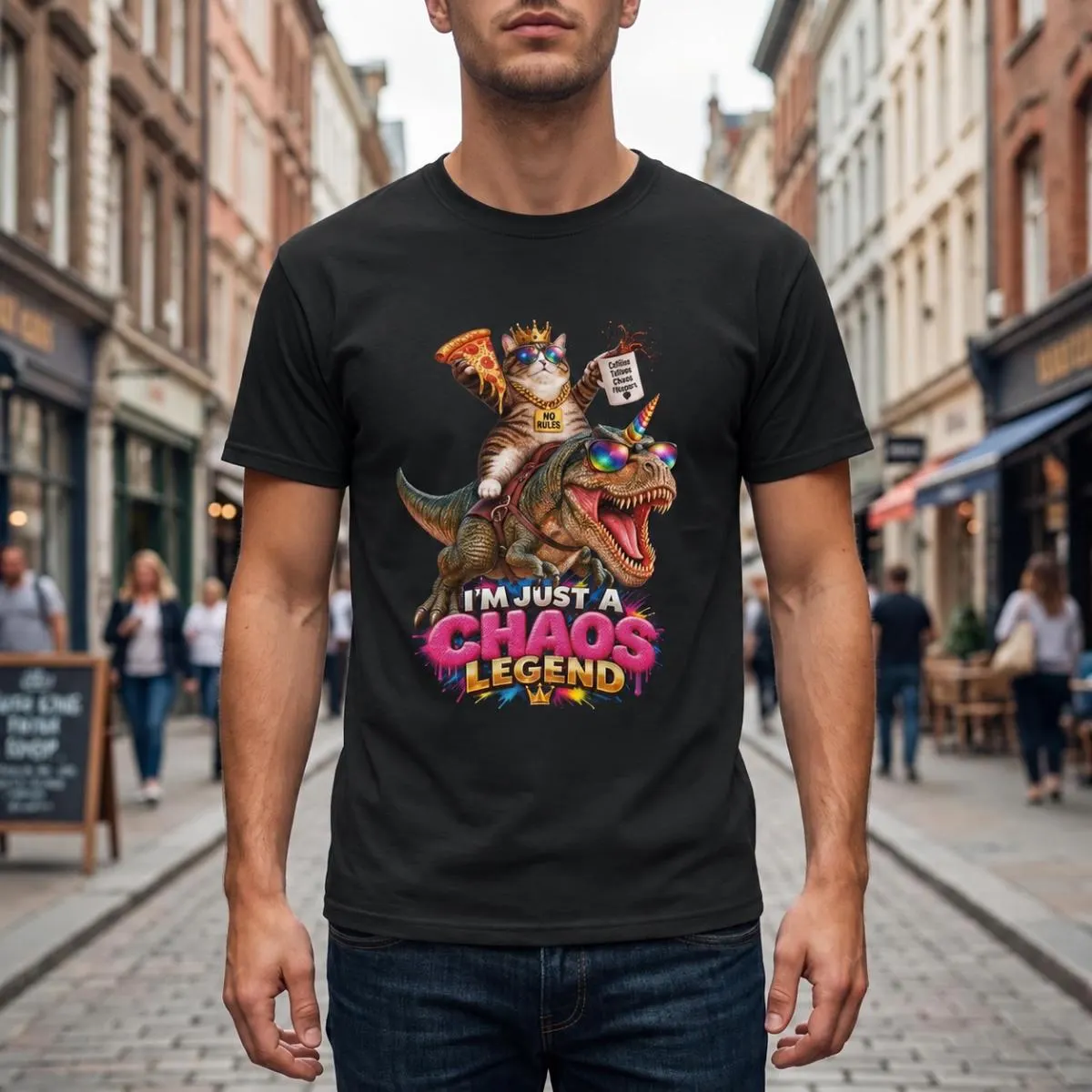 Lustiges Katzen T-Shirt mit Pizza, Kaffee und Krone