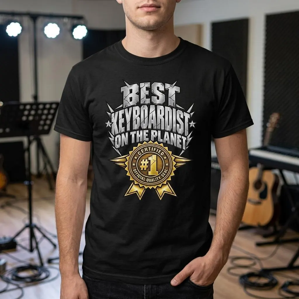 Keyboarder T-Shirt mit Best Keyboardist on the Planet Schriftzug und Certified #1 Siegel