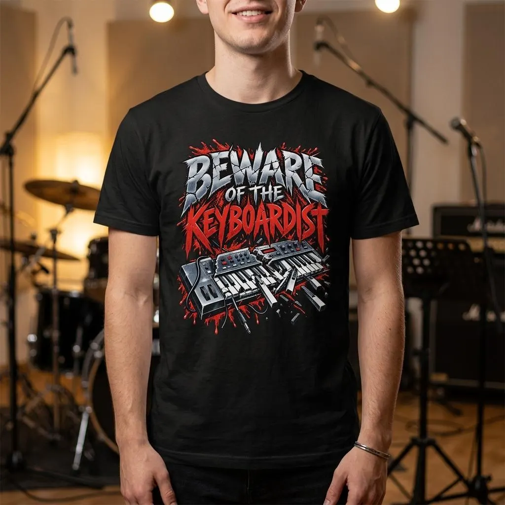 Keyboarder T-Shirt mit Beware of the Keyboardist Schriftzug und zwei Keyboards