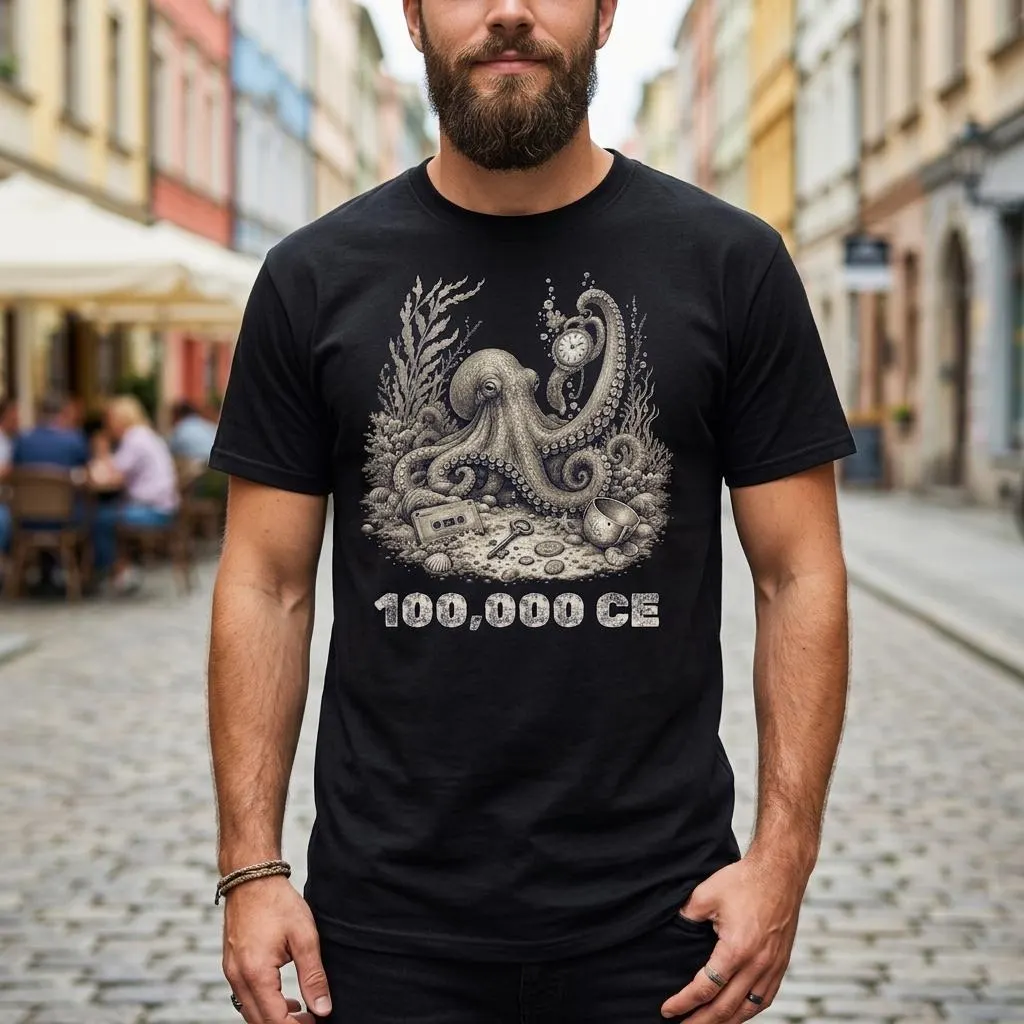 Oktopus T-Shirt mit Schriftzug 100.000 CE und Zukunftsmotiv
