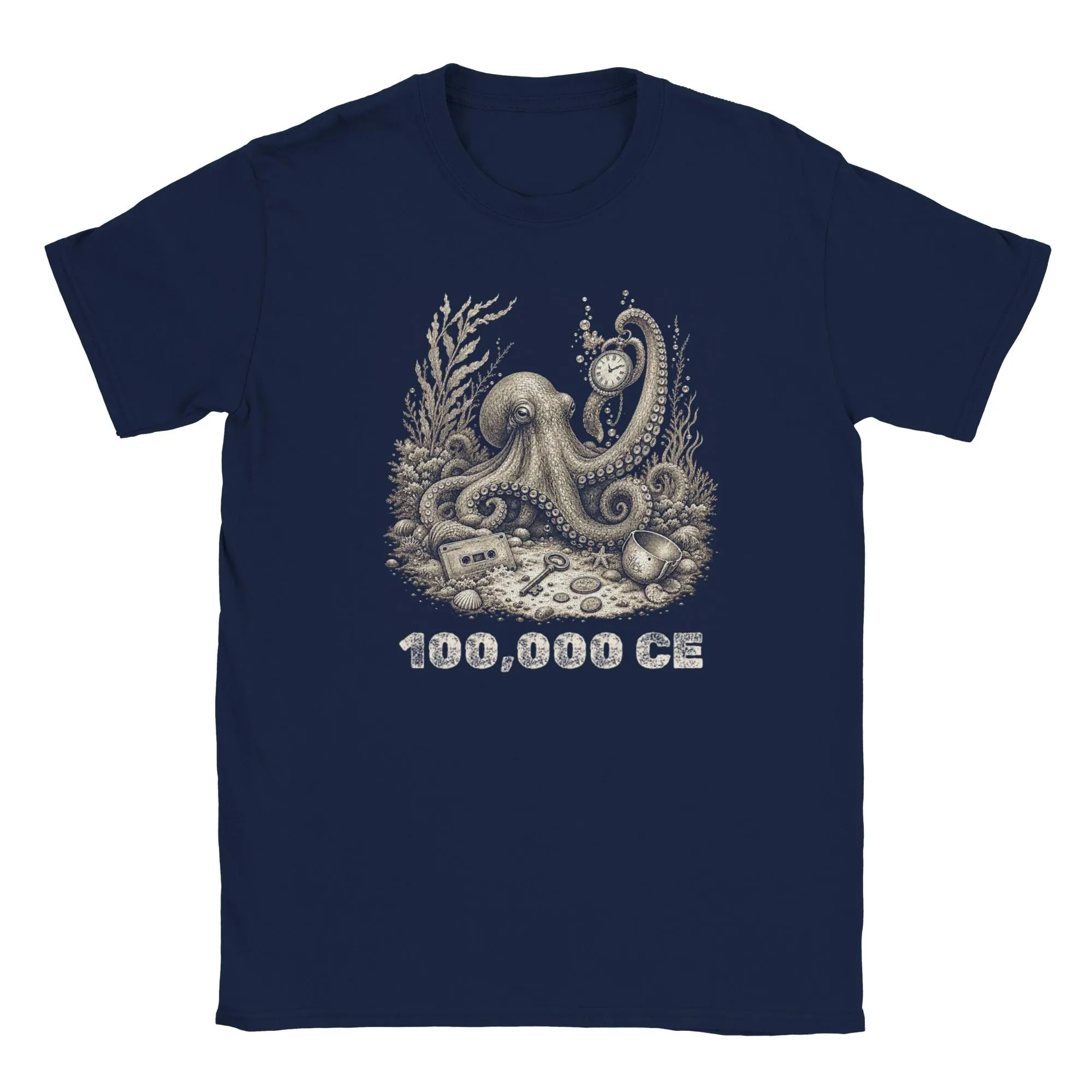 Surreales Oktopus T-Shirt mit Kassette Schlüssel und Muscheln