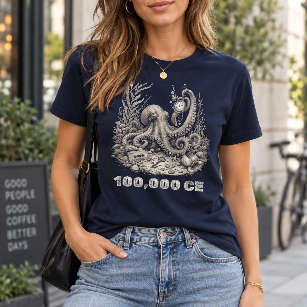 Oktopus T-Shirt mit Unterwasserfundstücken und Taschenuhr