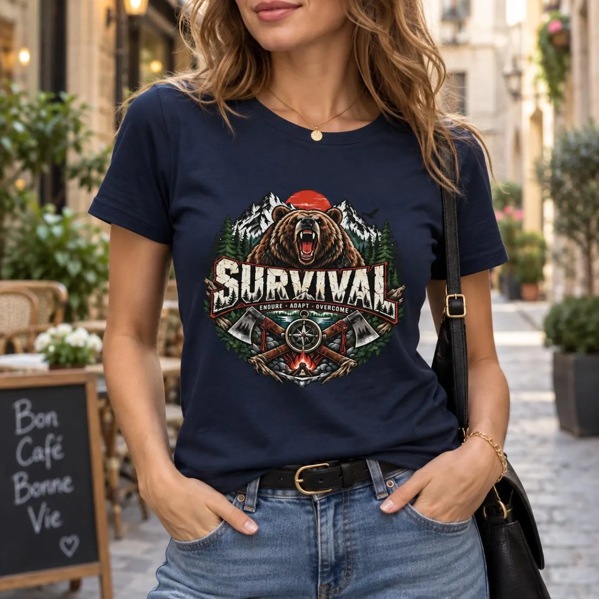 Outdoor Survival T-Shirt mit Lagerfeuer, Wald und See