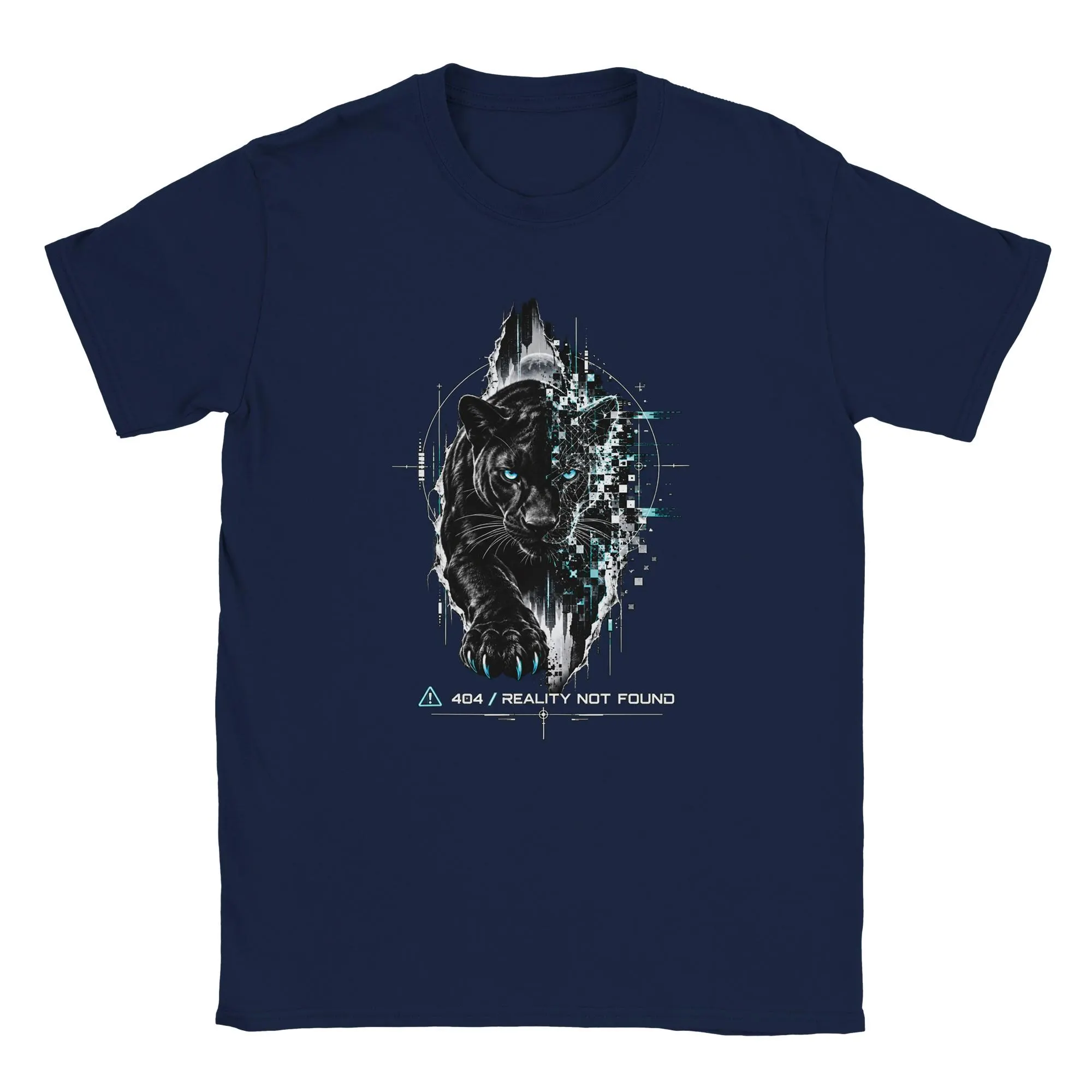 Panther Shirt mit digitalen Fragmenten und leuchtend blauen Augen