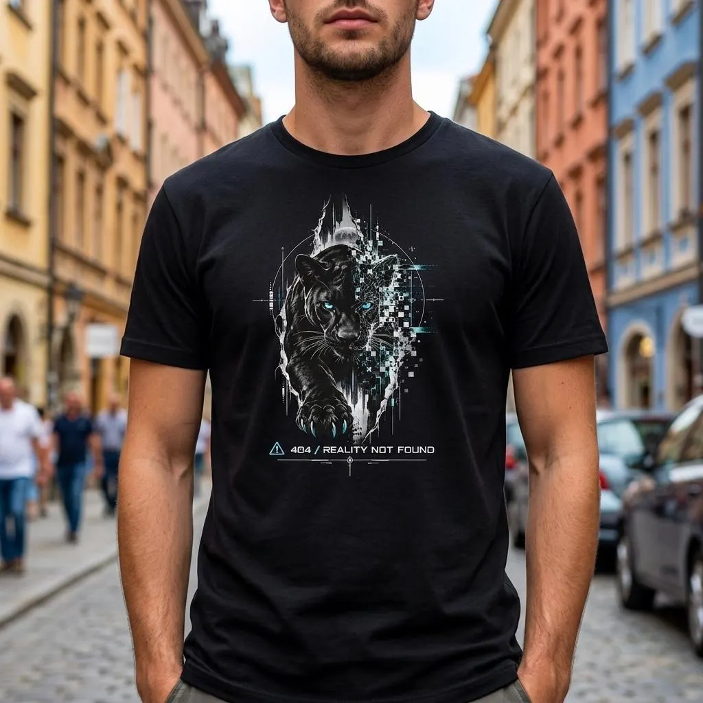 Panther T-Shirt mit Cyber Glitch und Schriftzug 404 Reality Not Found