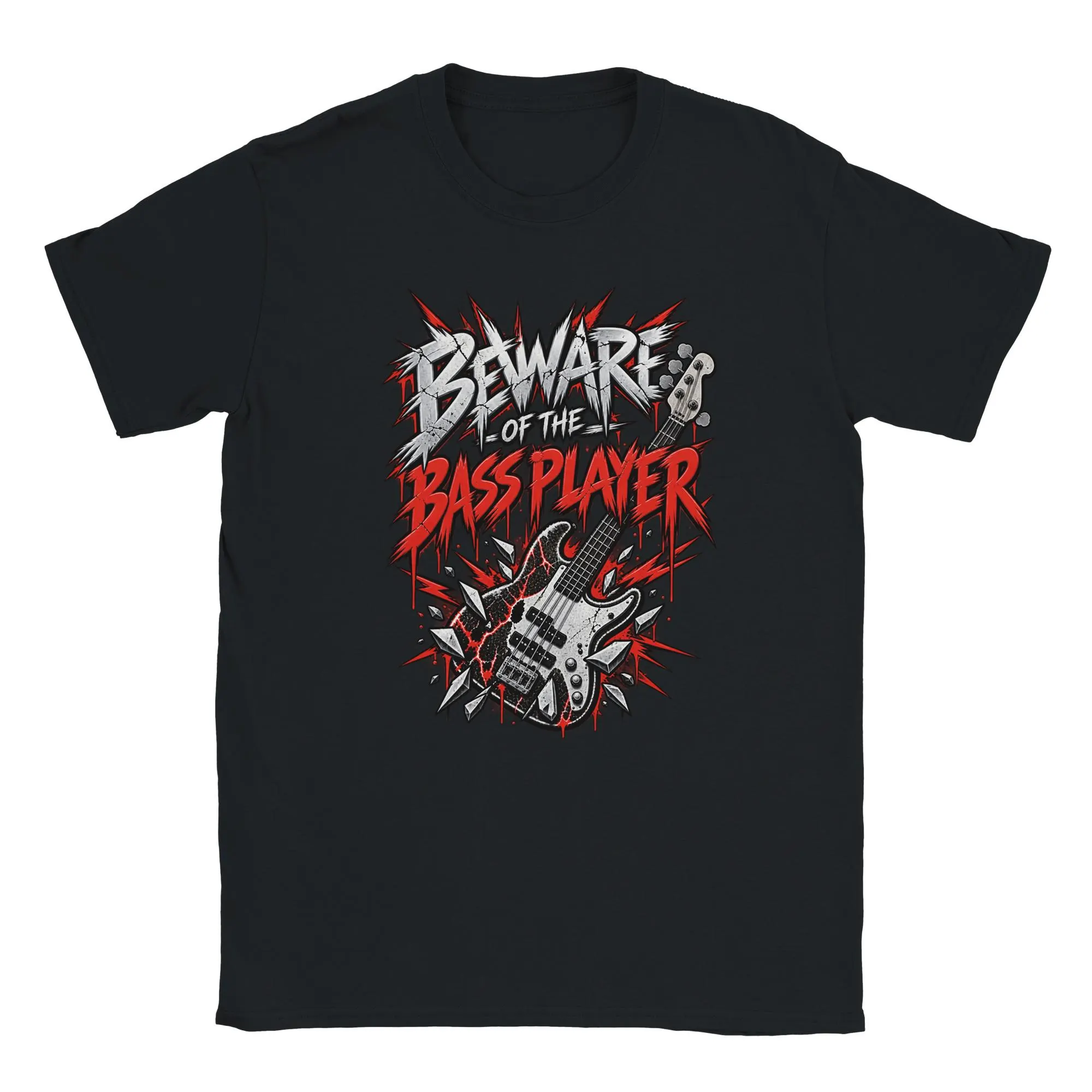 Rock Bassist Shirt mit rissiger E-Bass Grafik in Rot Schwarz Weiß und Silber