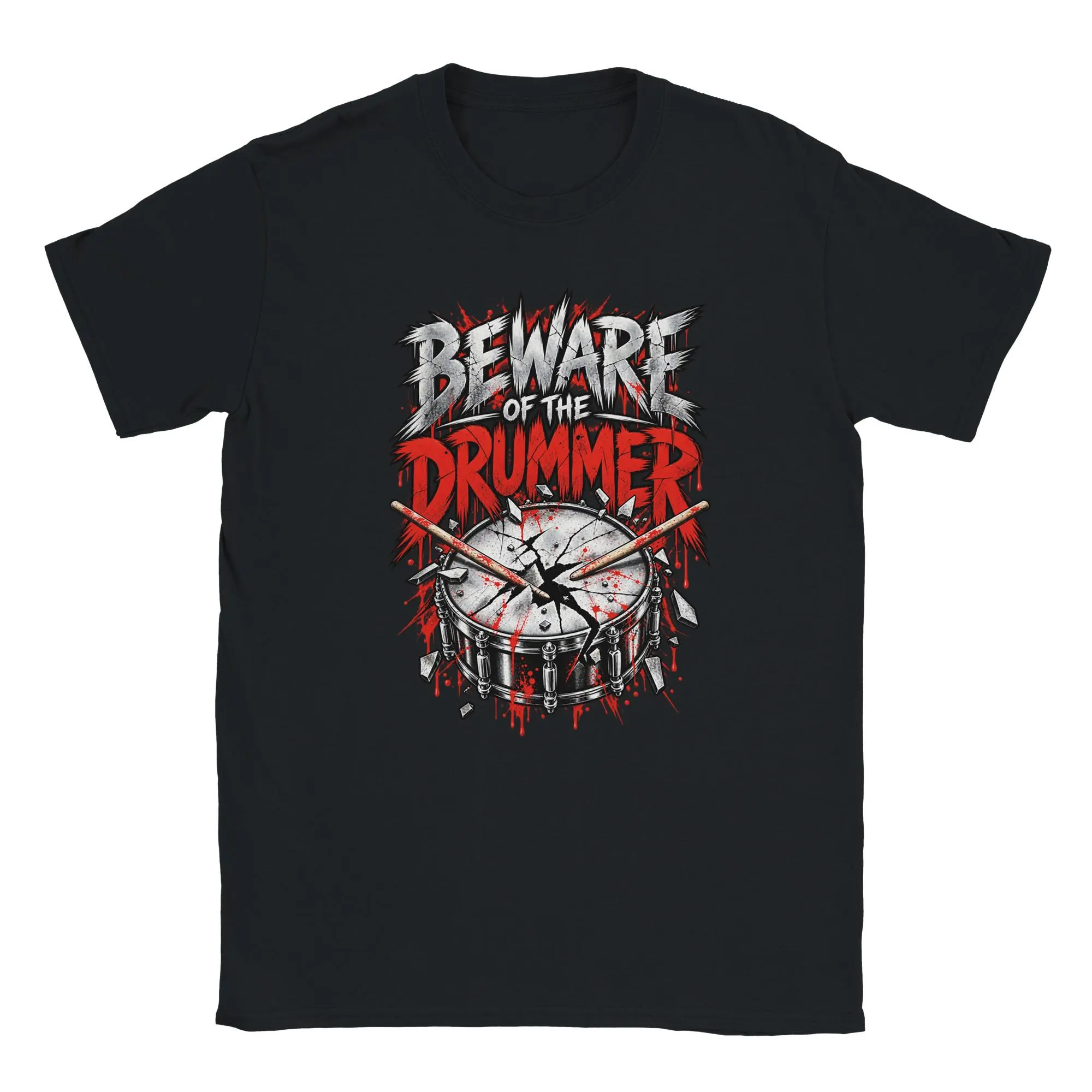 Rock Drummer Shirt mit gekreuzten Drumsticks und rotem Spritzerdesign