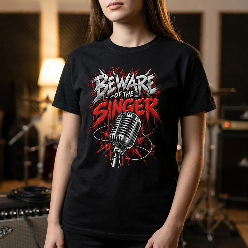 Sänger T-Shirt mit Beware of the Singer Spruch und Retro-Mikrofon